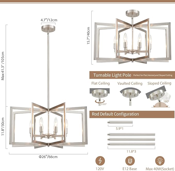 Brushed Nickel Chandelier 8-Light, 26" Large Dining Room Light Fixture Geometric Metal Modern Pendant Hanging Ceiling Lamp for Kitchen Island Living Room Entryway