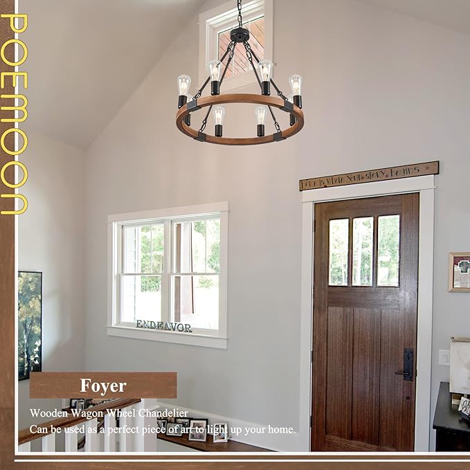 Farmhouse Wooden Wagon Wheel Chandelier 8 Lights 23.6'' Rustic Black Metal Light Fixtures Vintage Wood Round Chandelier for Living Dining Room Kitchen Entryway Foyer