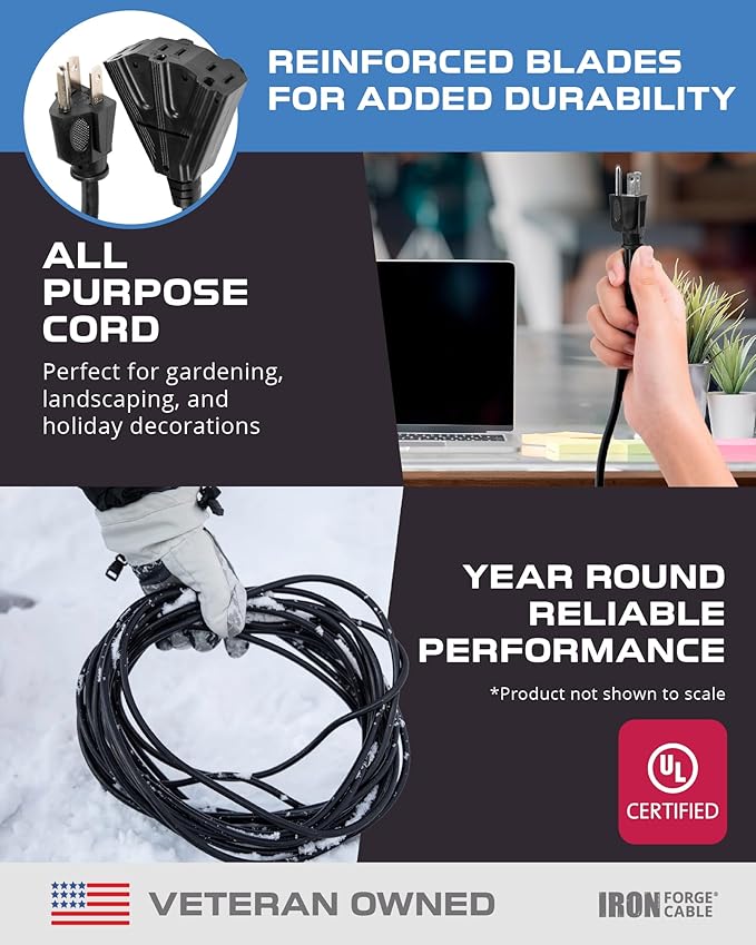 Iron Forge Cable 2 Pack 25 Ft Black Extension Cord with 3 Outlets - 16/3 SJTW 25 Foot Extension Cord 3 Prong, Weatherproof Power Cable for Outdoor