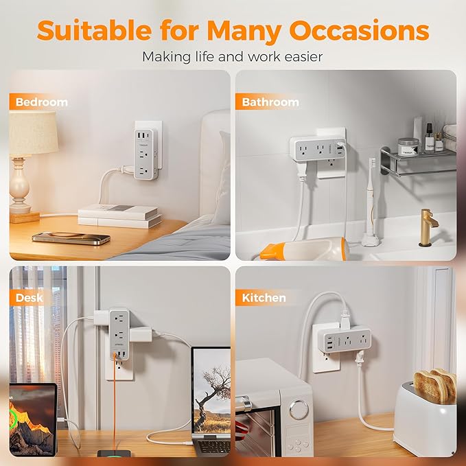 Multi Plug Wall Outlet Splitter with 360 Rotating Plug, TESSAN 1800J Surge Protector Outlet Extender with 6 AC and 3 USB Ports (1 USB C), 1875W, 3 Sided Plug Expander for Home Office Dorm Room