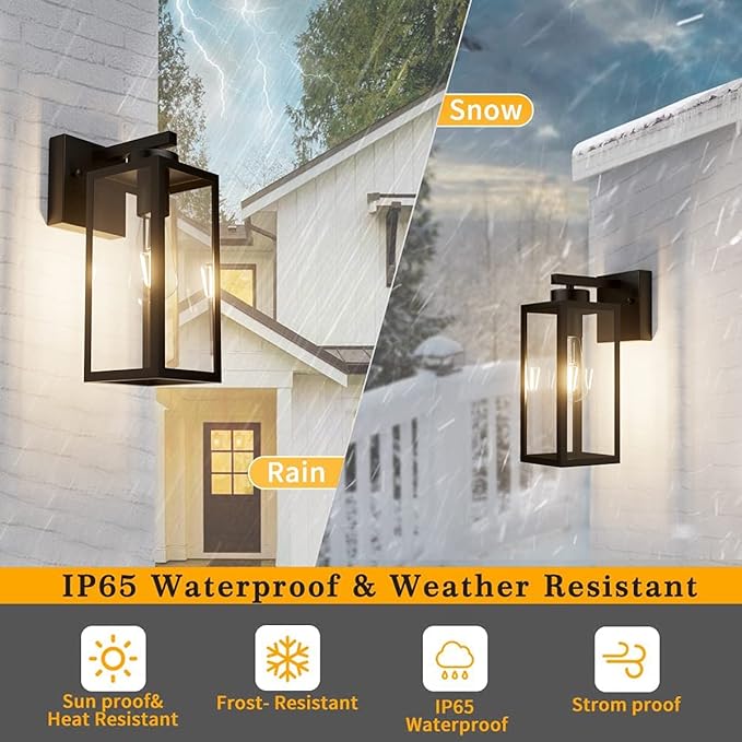 Tipace Outdoor Wall Lantern 2 Pack Black Exterior Wall Sconce with Clear Glass Shade Wall Mount Lights for Entryway,Porch,Doorway(2700K E26 Bulbs Include)