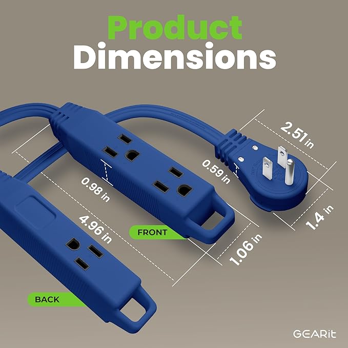 GEARit 360 Rotating Flat Plug Extension Cord with 3 Outlets (25ft, Navy) 16AWG/13A 3 Prong Wire, Outlet Saver for Home Office Dorm Room Essentials, ETL Certified