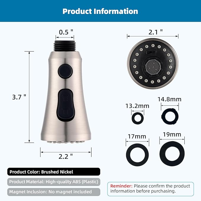 Hibbent Pull Down Kitchen Faucet Head Replacement, 3-Function NSF/ANSI/CAN 61 & CUPC Certified Sink Spray Nozzle, 15 Adapters, Compatible with Moen, Delta, Kohler Faucets, Brushed Nickel