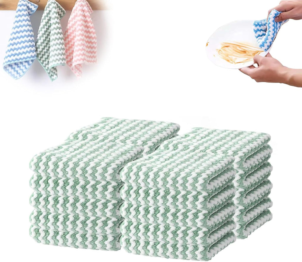 Coral Fleece Striped Rag Cleaning Dish Cloth, Reusable and Washable Microfiber Cleaning Rag, Absorbent Streak Free Lint Free Rags, Kitchen Clean Towels for Scrubs Dishes, Sinks Cleans (Green, 20PCS)