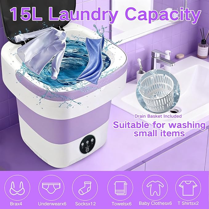 Portable Washing Machine, 15L Small Foldable Washer with 3 Cleaning Modes for Baby Clothes, Underwear, Small Items, Mini Collapsible Laundry for Travel Apartment Home Dorm Hotel Camping