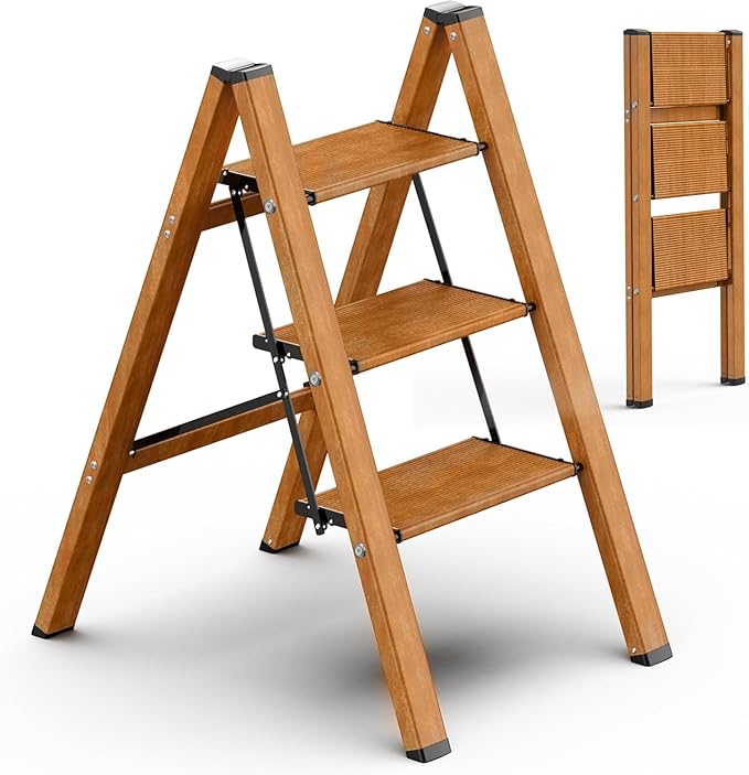 3 Step Ladder, Folding Step Stool with Anti-Slip Wide Sturdy Pedal, Multi-Use for Home and Kitchen Use, Space Saving-Woodgrain(300 lbs Capacity)
