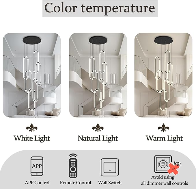 Flashing God Modern Chandelier,Black Chandeliers with 6 Ring Led Foyer Chandeliers,Larger High Ceiling Chandelier for Living Room,Rectangle Chandelier for Entryway Staircase LED Dimming 2700k-6000k