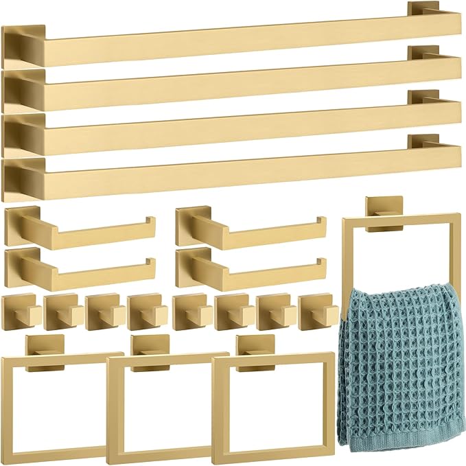 Gisafai 20 Pcs Bathroom Hardware Accessories Set 23.6 Inch Bath Towel Bar Kit Stainless Steel Bathroom Hardware Set Towel Racks Ring Hooks Paper Holder for Wall Mounted (Brushed Gold)