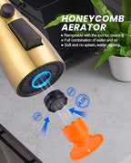 Metal Kitchen Faucet Head Replacement: 3-Function Pull Down Spray Nozzle with 9 Adapters, Sink Sprayer Replacement Compatible with Moen, Delta, Kohler, American Standard Faucets, Brushed Gold