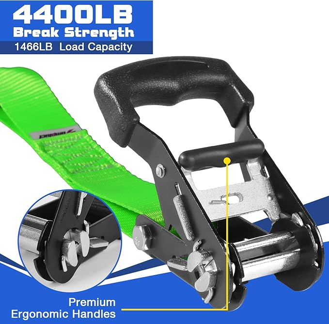 Ratchet Tie Down Straps Set Heavy Duty 4 Pack 10 FT 4400 LB 1.5 Inch Motorcycle Tie Down Strap for Cargo/Pickup Truck Bed Toolbox Accessories,Moving Stuff,Dirtbike,Roof Rack Tie Downs Kit Ropes-Green