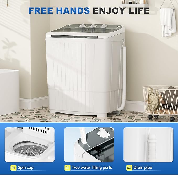 Superday Portable Washing Machine, 17.6lbs Mini Washing Machine and Spin Dryer Combo, Mini Twin Tub Laundry Machine for Camping, Apartments, Dorms, College Rooms, RV, Delicates, Grey