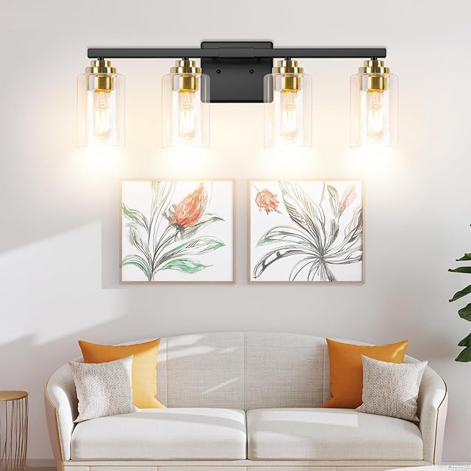 4-Light Bathroom Light Fixtures, 27" Modern Vanity Lights Over Mirror with Clear Glass Shades, Black & Gold Wall Sconce, Classic Wall Light Fixture for Mirror Living Room Cabinet Bedroom Porch Kitchen