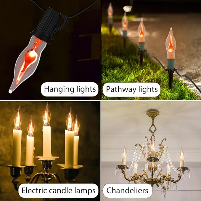 12 Pack C7 Flickering Flame Light Bulbs, Clear E12 Flickering Flame Bulb, Ideal for Christmas & Halloween Candelabra Light Bulbs & String Light Replacement, 1W, 120V