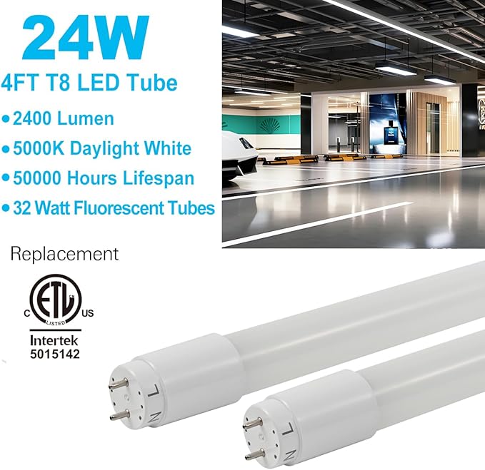 40 Pack 4FT LED T8 Type A+B Tube Lights, 24W, 5000K, Single or Double End Powered, Plug and Play or Ballast Bypass, 4 Foot T10 T12 Fluorescent Bulbs Replacement, Milky Cover