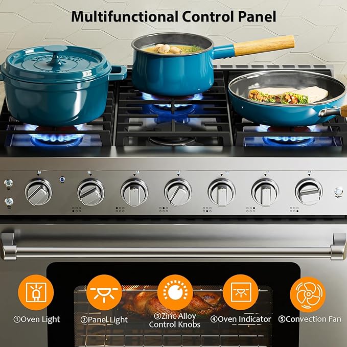 Empava 36 Inch Gas Range with 6.0 Cu. Ft. True Convection, 18,000 BTU Power Searing, 6 Sealed Burners, Convertible NG/LP, Stainless Steel Stove with Oven, CSA Certified