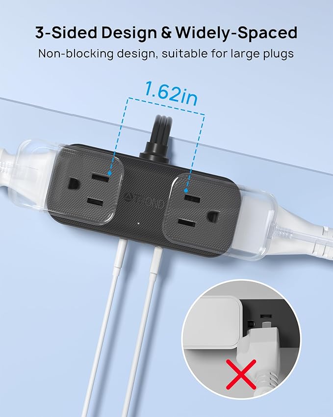 TROND Outlet Extender with 6 Inch Cord, Multi Plug Wall Outlet with 4 Electrical Sockets and 4 USB Ports, Wall Mountable, Flat Plug Adapter for Home Office Travel, Cruise Ship Essentials, Black