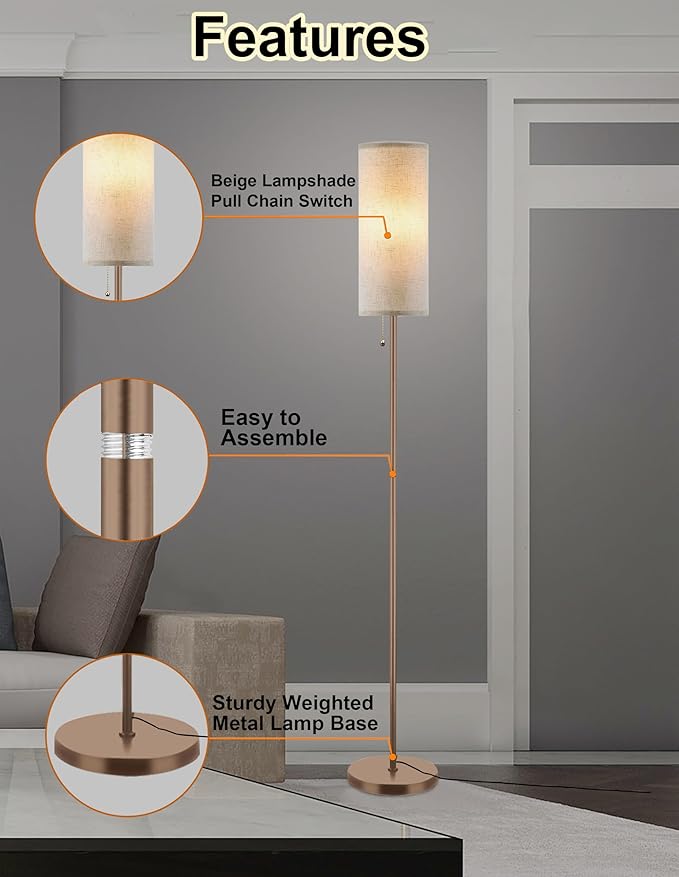 Floor Lamp for Living Room, Modern Standing Lamps with Lampshade, Minimalist Tall Lamp with Chain Switch for Living Room, LED Bulb Included (Beige+Brown)