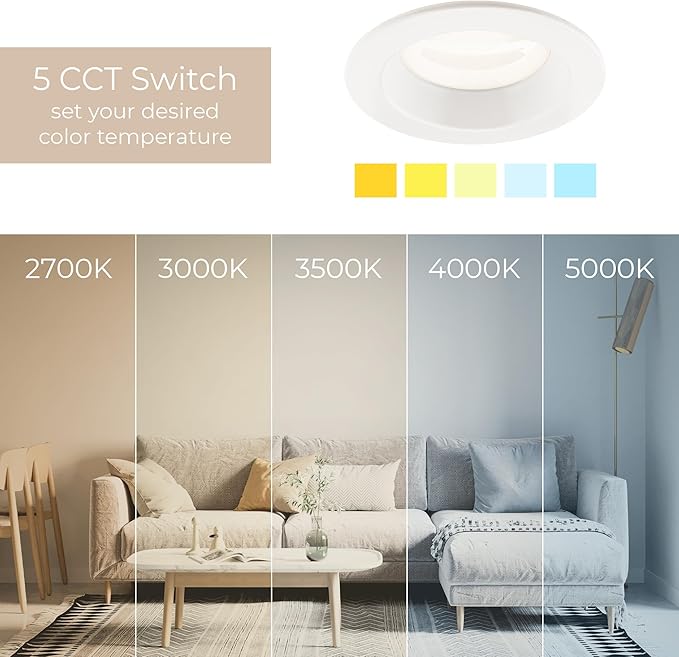 Builder Essential 3in 550 Lumens Round LED Recessed Light and Housing for Remodel or New Construction with Regressed Trim 3-Power Modes 4W-6W-8W, 5-CCT 2700-3000-3500-4000-5000K in White (Pack of 12)