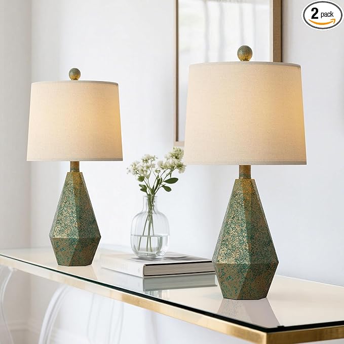 PoKat 20.25" Vintage Table Lamps Set of 2 for Night Stands, Modern Bedside Lamps for Bedroom Living Room, Farmhouse Bedroom Lamps for End Table, Suitable for Small Place, Retro Blue and Green