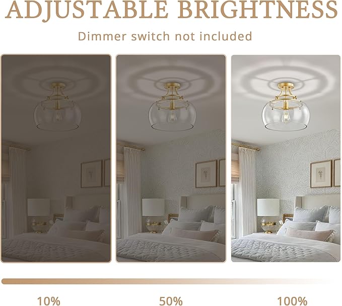 Industrial Round Chandelier Rustic Ceiling Light Fixture Farmhouse Pendant Light with Clear Glass Shade for Dining Room Hallway Entryway Kitchen Bedroom, Gold