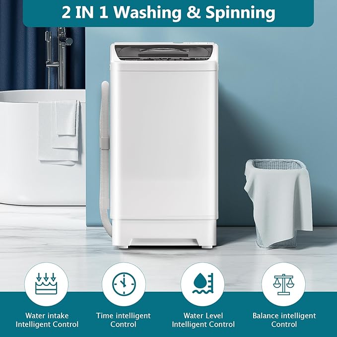 Portable Washing Machine, 15.5LBS Full Automatic Washer with Spinner, 10 Programs Compact Laundry Machine for Apartment, RV, Dorm Home Use, Mini Washing Machine Perfect for Small Spaces