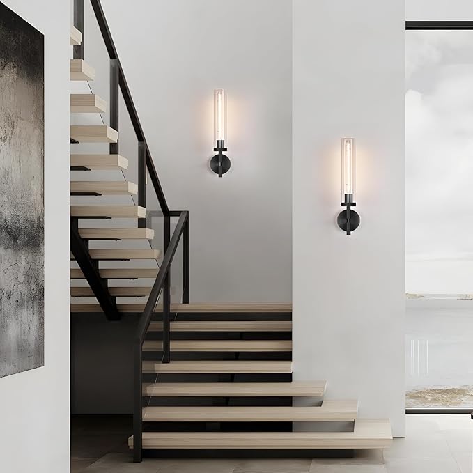 Modern Black Hardwired Wall Sconces 2 Pack, 21'' Knurled Bathroom Wall Sconce, Indoor Wall Sconce,Copper and Glass Vanity Light, for Living, Bedroom, Hallway, Staircases, Include Bulbs