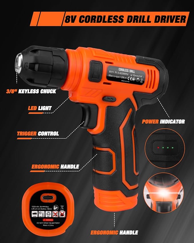 139-Piece Tool Set - Tool Kit with 8V Cordless Drill Driver in ToolBox Storage Case, General Household Drill Set for Home Repairs, Handyman, DIY Projects