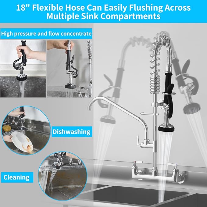 Commercial Faucet with Sprayer 8 Inch Center 25" Height Wall Mount Kitchen Sink Faucet Add On 12" Spout and Pull Down Pre Rinse Sprayer Faucet for 1, 2 or 3 Compartment Sink (Polished Chrome)