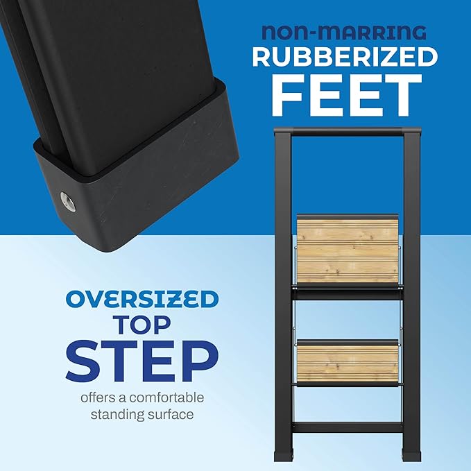 Step Ladder 2 Step Folding, Decorative - Beautiful Bamboo & Black Aluminum, Ultra Slim Profile, Anti Slip Steps, Sturdy-Portable for Home, Office, Kitchen, Photography Use,by SORFEY