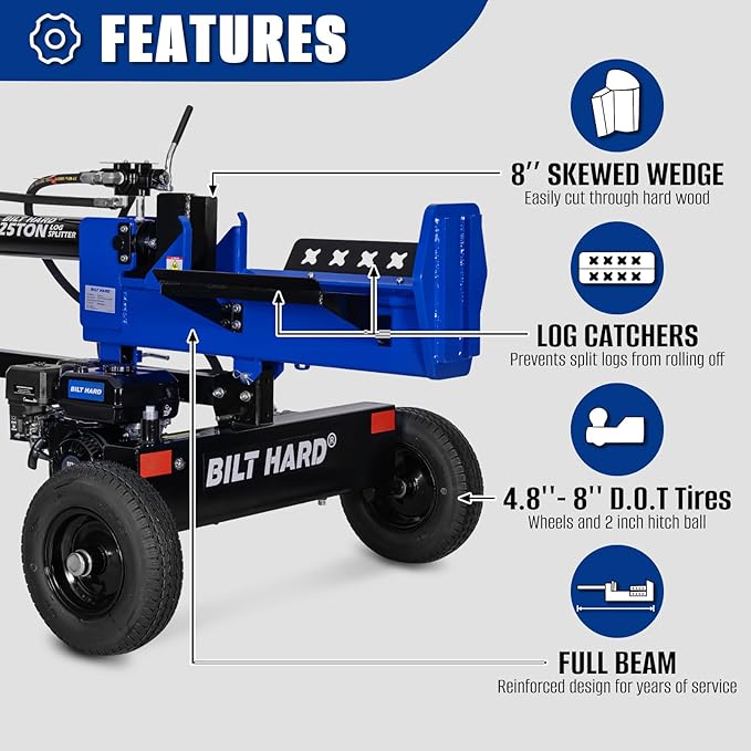 BILT HARD 25-Ton Horizontal/Vertical Towable Gas Log Splitter, Hydraulic Log Splitter with 8 HP 223cc 4-Cycle OHV Engine, 2" Ball Coupler, Safety Chains, Wood Splitter for Firewood Splitting