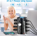 Tower Power Strip with 15W Wireless Charger, 15FT Extension Cord with Multiple Outlets, 16 AC Outlets & 5 USB (2 USB C) Charging Station Surge Protector for Office Home Dorm Room (Black)