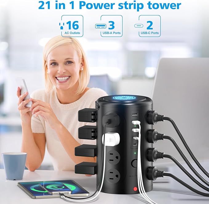 Surge Protector Power Strip - Desk Charging Station with 15W Wireless Charger, Multiple Outlets Charging Station with 16 2300J AC Outlets & 5 USB (2 USB C) Port, for Home, Office, Dorm Room