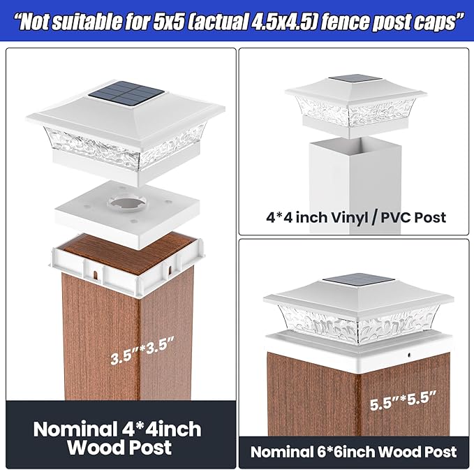 APONUO Deck Post Lights Solar Powered 12 Pack, Waterproof Outdoor LED Deck Lights for 4x4, 5x5, 6x6 Fence Posts, Warm/Cool White Light, All-Night Lighting, Auto On/Off, Patio Garden Yard Decor
