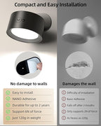 LED Wall Mounted Lights, Rechargeable Wall Sconces Lamp, 3 Color Temps & Remote and Touch, 360°Rotation Dimmable Cordless Wall Light for Study Bedroom Reading Bedside(Black, 1 Pack)