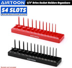 AIRTOON 1/4-Inch Drive Socket Organizer Trays, 2-Piece SAE and Metric Socket Tray Set, Deep and Standard Socket Holders Organizers for Toolbox, Black & Red