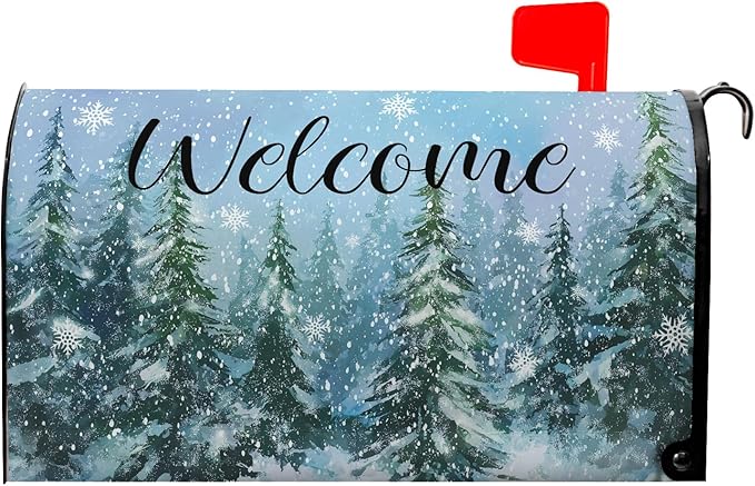 Winter Welcome Mailbox Covers Magnetic Forest Pine Tree Mailbox Cover Standard Size 21x18 Inch Snowflakes Outdoor Letterbox Wraps for Garden Yard Winter Decor