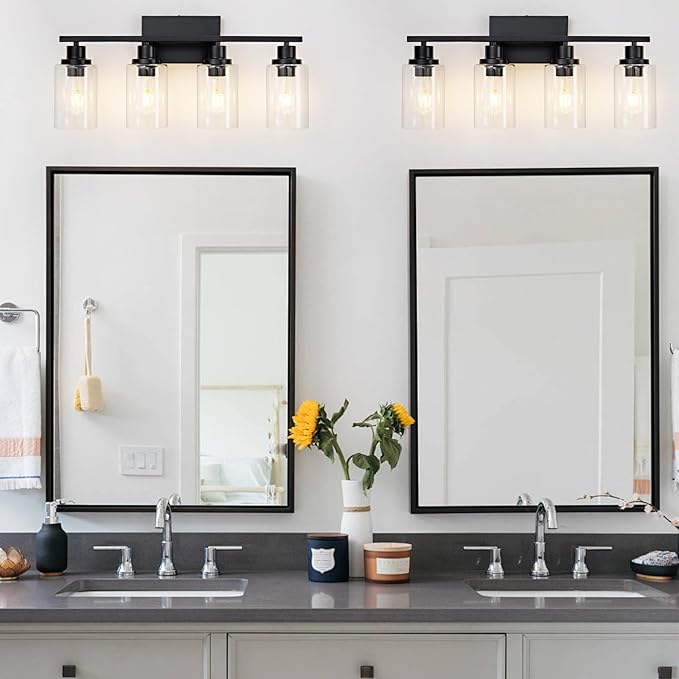 4 Light Black Bathroom Vanity Light Fixture Over Mirror Modern Farmhouse Wall Lighting Sconces Industrial Wall Lamp for Bathroom Bedroom Living Room E26 Socket with Glass Shade