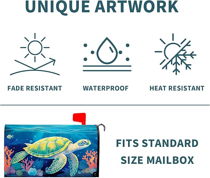 Nautical Sea Turtle Coral Seashell Mailbox Covers - Summer Ocean Beach Blue Magnetic Standard Size 25.5x21 Inch Waterproof Mail Box Wraps - Post Letter Box Covers - Garden Yard Outdoor Decor