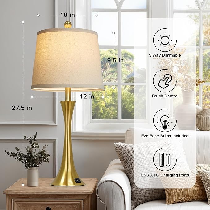 27.5" Gold Lamps Set of 2, Touch Control 3-Way Dimmable Bedside Nightstand Lamps Bedroom Lamp,Modern Gold Table Lamp with USB A+C Ports,Tall Lamps for Living Room End Table Home Office