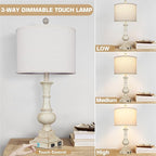 26" Farmhouse Table Lamps Set of 2, Rustic Touch Control Bedside Lamps with 2 USB Ports & AC Outlet, Vintage White Resin 3-Way Dimmable Nightstand Lamp Linen Fabric Shade for Living Room Bedroom Decor