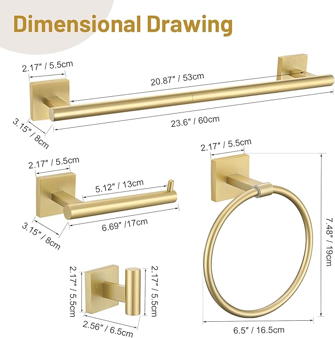 10 Pieces Brushed Gold Towel Bar Set, 23.6 Inch Bathroom Accessories Set SUS304 Stainless Steel Bathroom Hardware Set Towel Racks for Bathroom Wall Mounted.