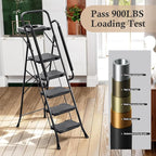 KINGRACK 5 Step Ladder with Tool Platform, 900 lbs Sturdy Step Stool with Handrail, Folding Steel Ladder with Wide Pedal, Safety Ladder for Adults Home Outdoor Painting Garage Office