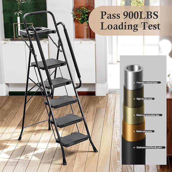 KINGRACK 5 Step Ladder with Tool Platform, 900 lbs Sturdy Step Stool with Handrail, Folding Steel Ladder with Wide Pedal, Safety Ladder for Adults Home Outdoor Painting Garage Office