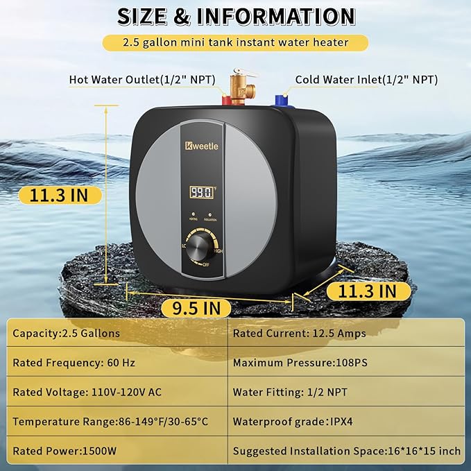 2.5 Gallons Under Sink Hot Water Heater, 110V 1500W Mini Tank Instant Water Heater With Digital Display Pressure Release Vavle Under For Bathroom Kitchen Hair Salon RV(Black)