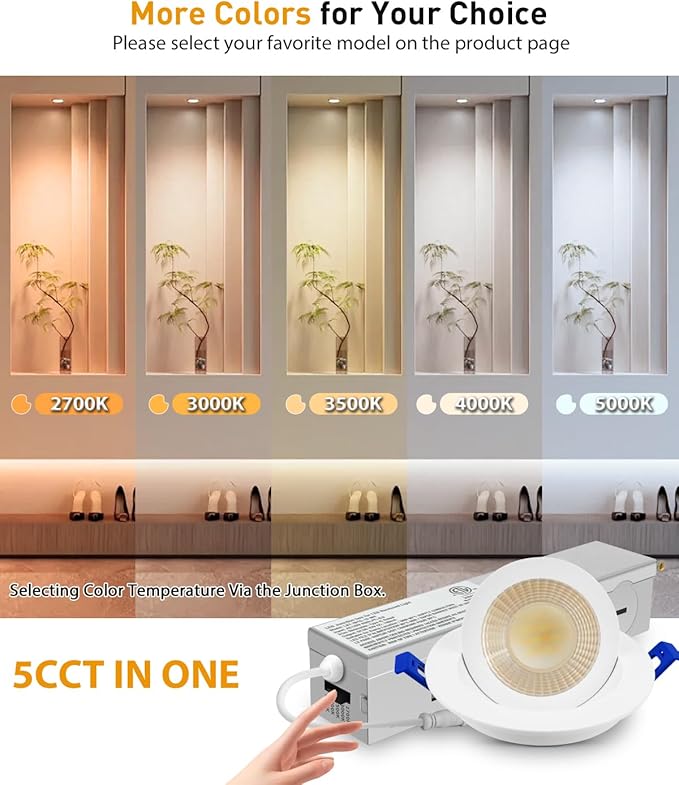 Adetu 2 Inch 5CCT Gimbal Led Recessed Lighting with Junction Box, 360°+90° Adjustable Recessed Can Lights, 2700K/3000K/3500K/4000K/5000K Selectable, 5W Eqv 50W, 550LM Brightness - ETL (White, 1 Pack)