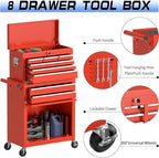 8 Drawer Rolling Tool Chest, High Capacity Tool Box with Lockable Wheels and Drawers, 2 in 1 Portable Toolbox Organizer Storage Cabinet for Garage, Warehouse, Repair Shop, Red
