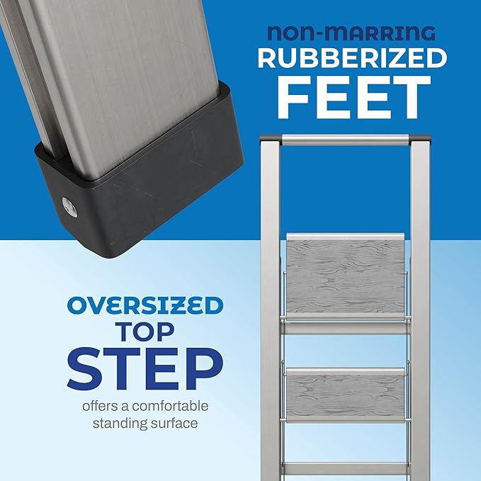 Step Ladder 3 Step Folding, Decorative - Beautiful Gray Wood & Silver Aluminum, Ultra Slim Profile, Anti Slip Steps, Sturdy-Portable for Home, Office, Kitchen, Photography Use,by SORFEY