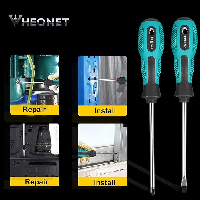 Magnetic Screwdriver Sets 6 PCS, Screwdriver Set with Small Box,Flat Head Phillips Screwdriver, Non-Slip Cushion Grip for Repair Home Improvement,Green & Black