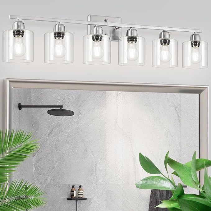Modern Brushed Nickel 6 Light 38 inch Vanity Lights for Bathroom with Clear Glass, Vanity Light for Mirror Kitchen Living Room Hallway Cabinet Porch