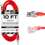 Iron Forge Cable 10 ft Lighted Outdoor Extension Cord - 12/3 SJTW Red 10 ft Extension Cord Heavy Duty with 3 Prong 15 AMP Grounded Plug for Safety